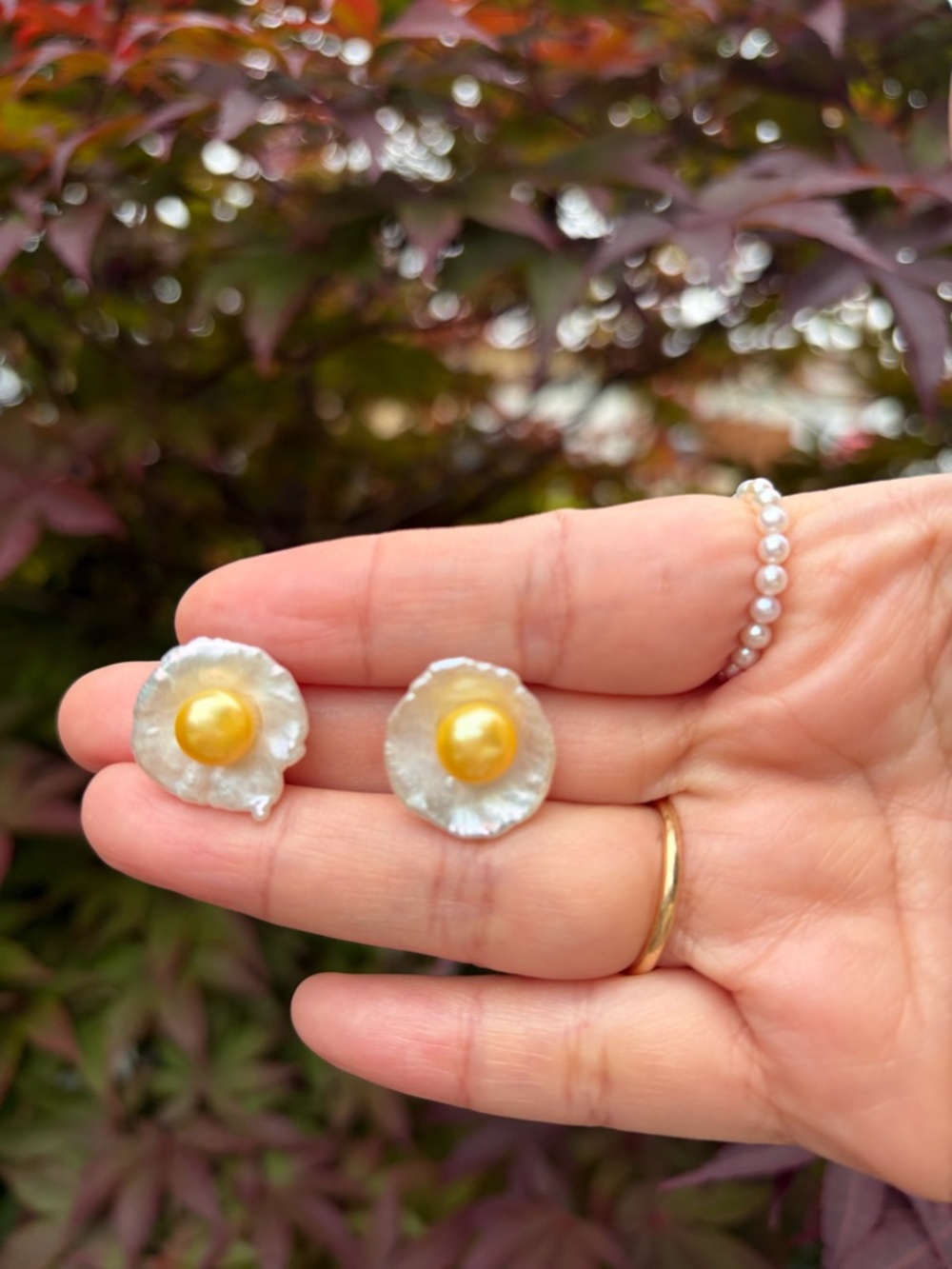 Golden Yellow Pearl Center White Freshwater Shell Stud Earrings - Egg inspired